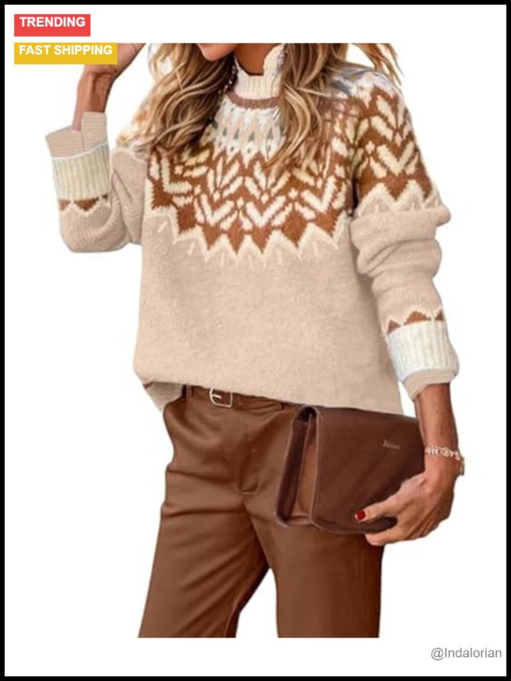 Fair Isle Sweater Women Mock Neck Long Sleeve Knit Pullover